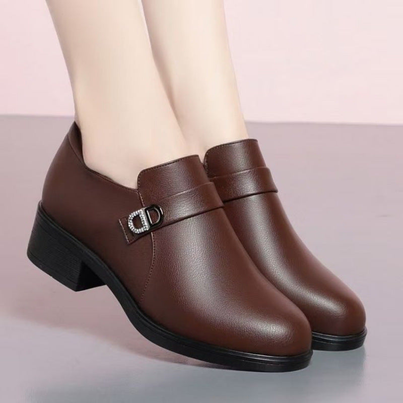 Sapatos de couro para mãe, salto baixo, casual e elegante