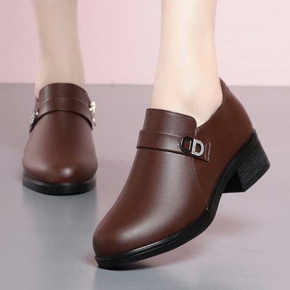 Sapatos de couro para mãe, salto baixo, casual e elegante