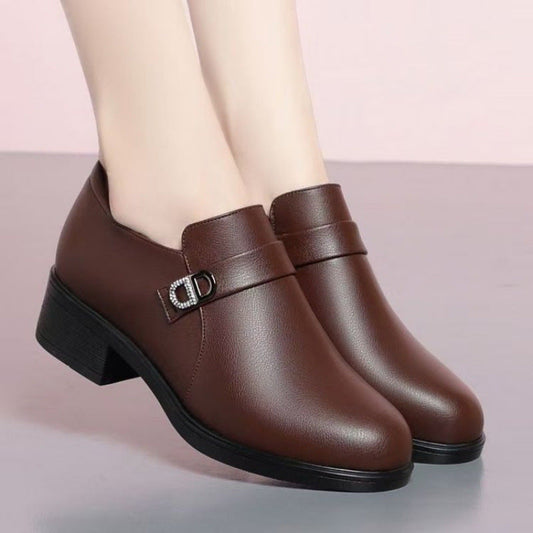 Sapatos de couro para mãe, salto baixo, casual e elegante