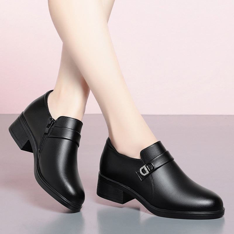 Sapatos de couro para mãe, salto baixo, casual e elegante