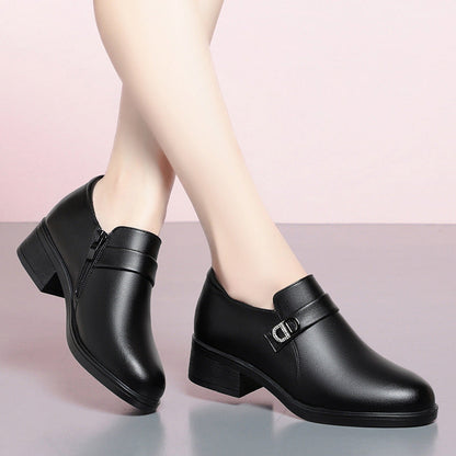 Sapatos de couro para mãe, salto baixo, casual e elegante