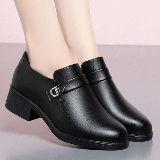 Sapatos de couro para mãe, salto baixo, casual e elegante